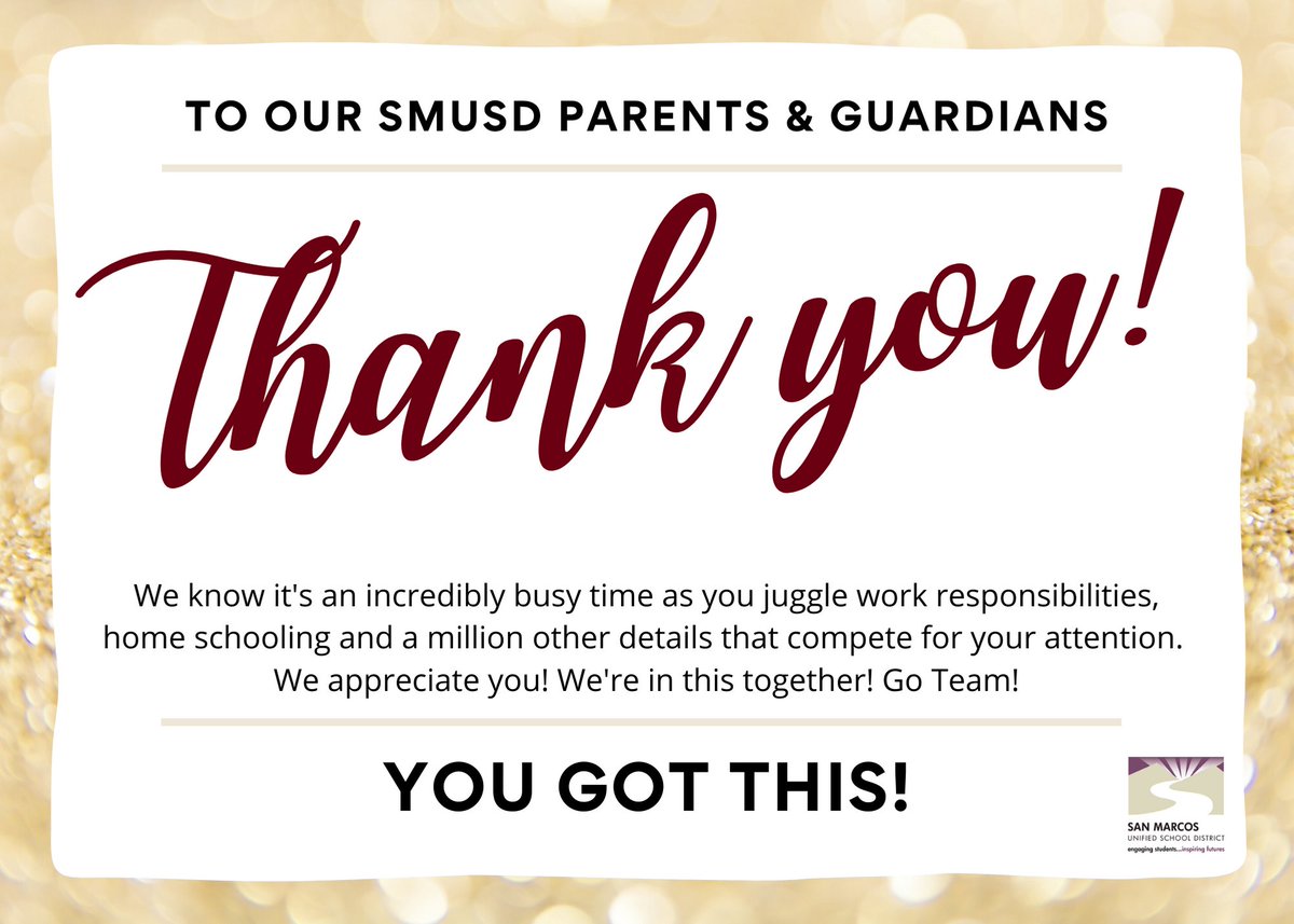Dear SMUSD Parents & Guardians, We know it's an incredibly busy time as you juggle work responsibilities, home schooling and a million other details that compete for your attention. We appreciate you! We're in this together! Go Team!