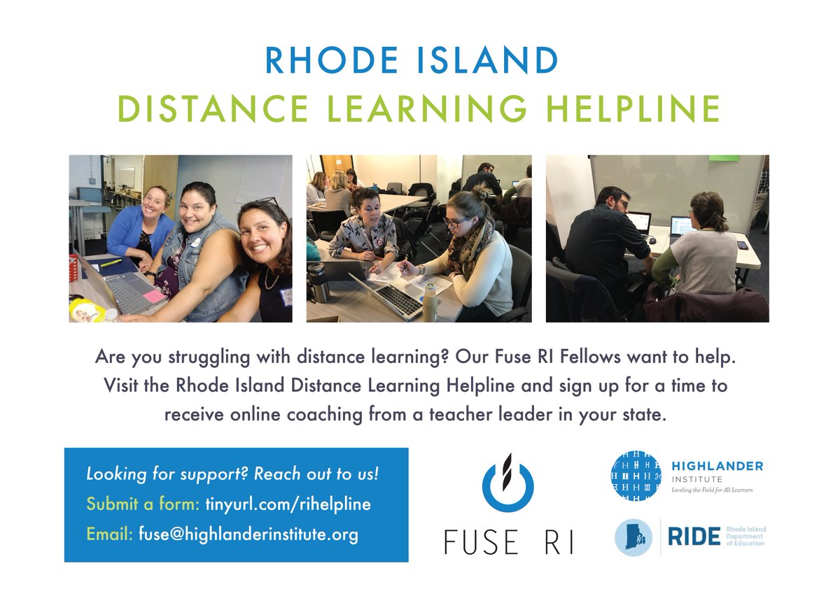 ThroughlineLrng's tweet photo. As you kick off distance learning, #FuseRI Fellows are available to support, troubleshoot, &amp; share ideas for this new instructional model. Reach out to the RI Distance Learning Helpline to set up a free virtual meeting/call with a teacher leader: https://t.co/CCsReT5qwb #EdChatRI https://t.co/d125nbHvS0