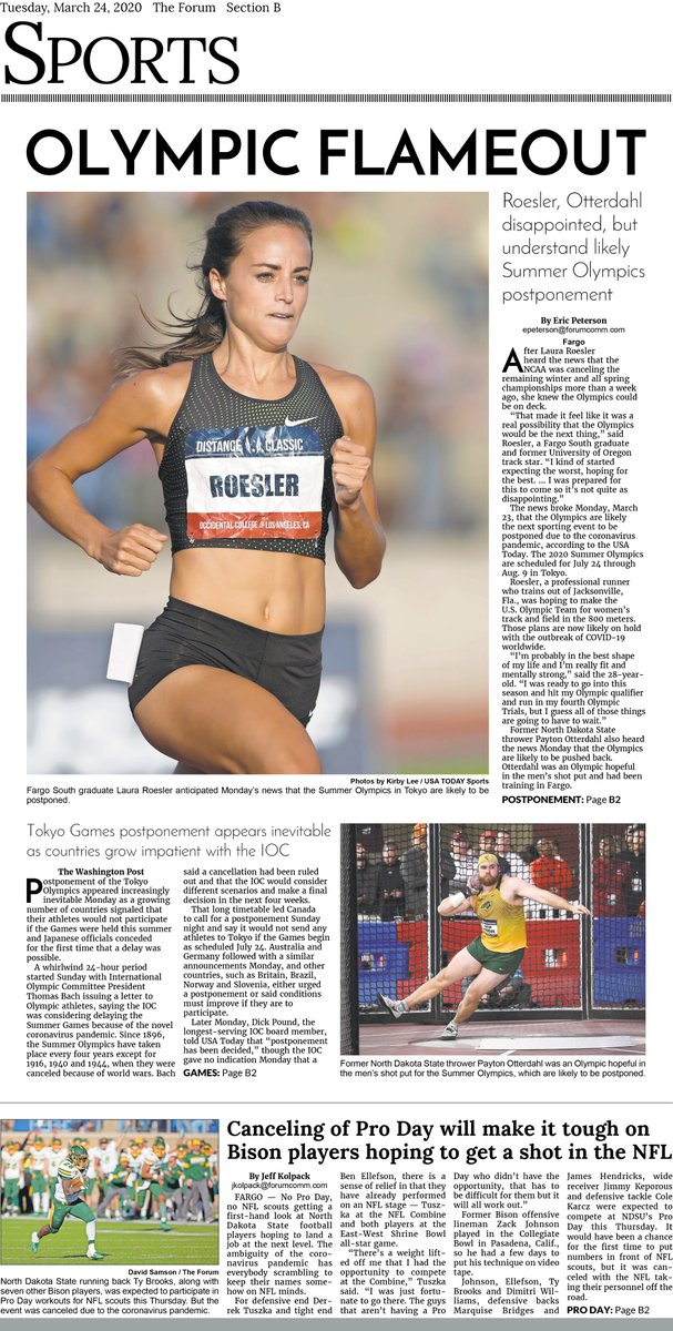 Smithmi's tweet photo. Tuesday's sports cover for @inforum and @InforumSports | Cover stories by @FargoBigE and @FGOSPORTSWRITER #OlympicsPostponed https://t.co/sBSKv8ufmk