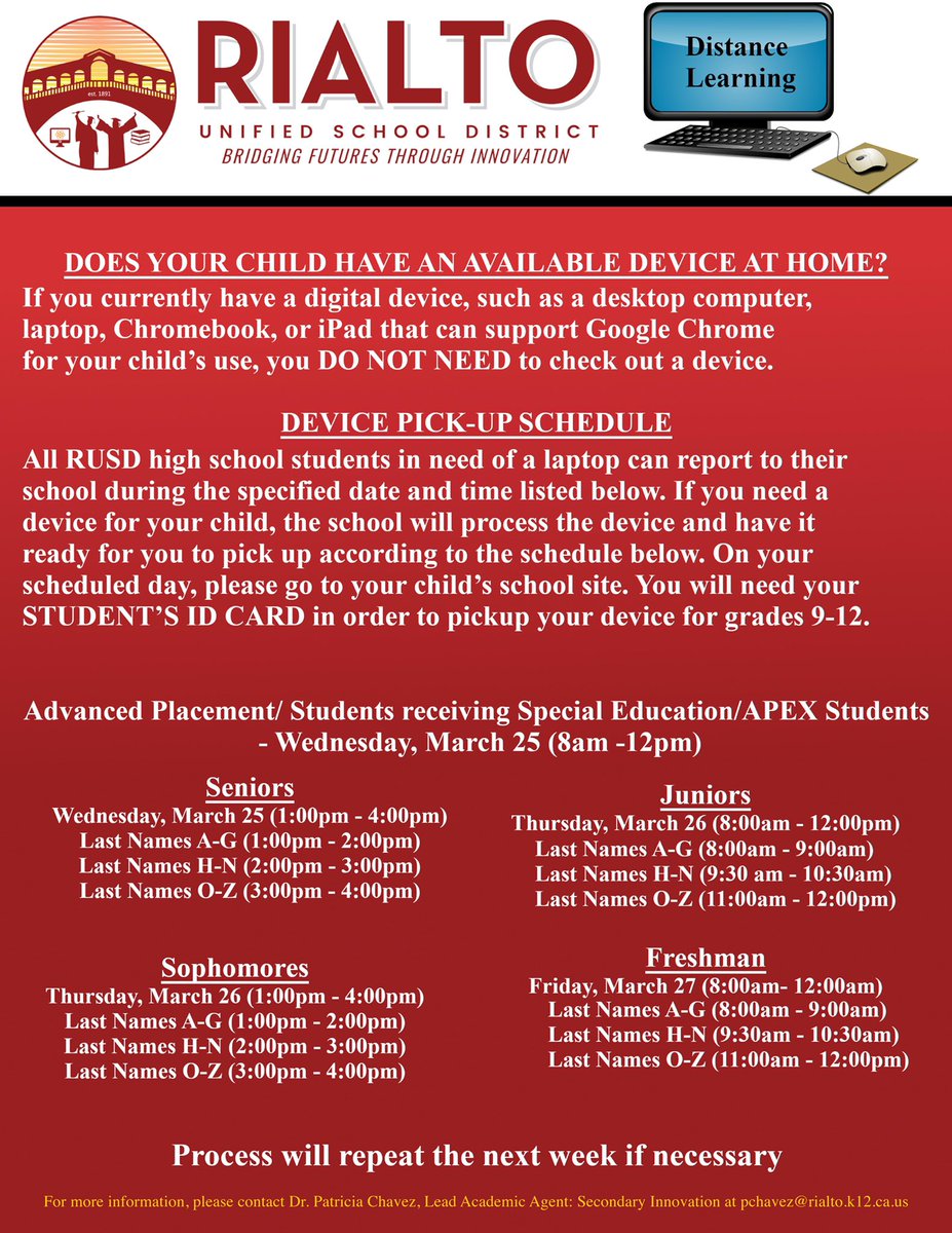 RialtoUSD's tweet photo. Dear Parents/Guardians: In efforts to begin Distance Learning, the Rialto Unified School District will be assigning laptops to any of our students who need devices. This roll-out will begin Wed., March 25, &amp; run through Fri., March 27. 

See flyer for distribution schedule. https://t.co/WcIcxRqTfU