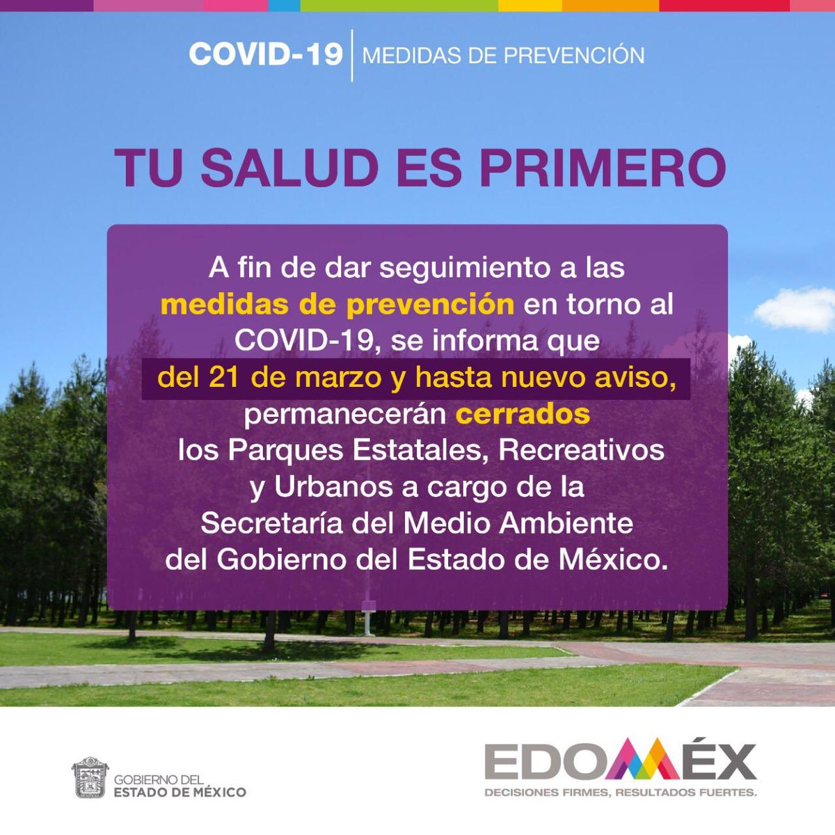 Por instrucciones del Gobernador <a href="/alfredodelmazo/">Alfredo Del Mazo</a> los siguientes Parques Estatales permanecerán cerrados a la ciudadanía del sábado 21 de marzo, hasta nuevo aviso en atención a las medidas de prevención ante el #Covid_19mx. #PrevenirEsVivir