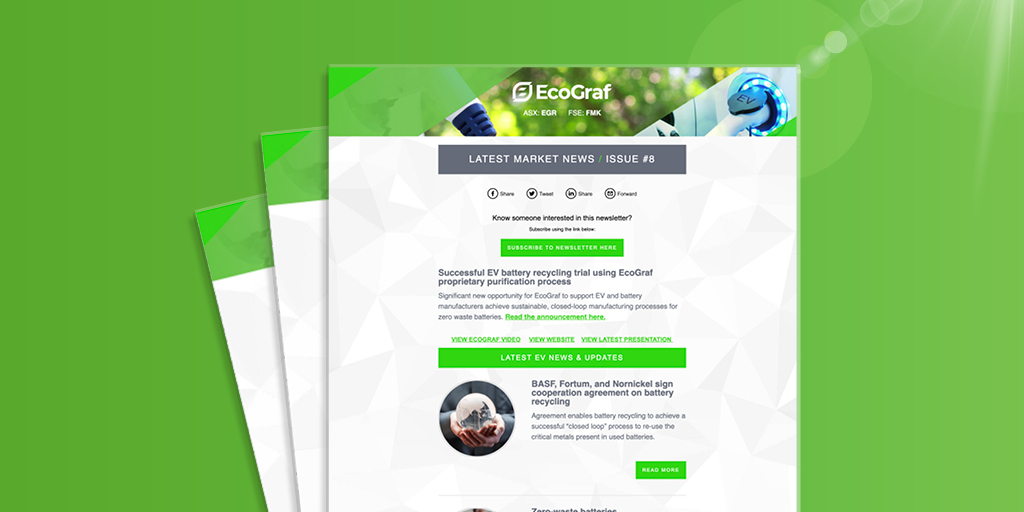 EcoGraf's tweet image. Successful EV battery recycling trial using EcoGraf proprietary purification process and the latest in EV market news. Read more in our Issue 8- mailchi.mp/ecograf/latest… * #EngineeringCleanEnergy #EcoGraf #batteryrecycling #sustainability #EVsector #zerowaste
