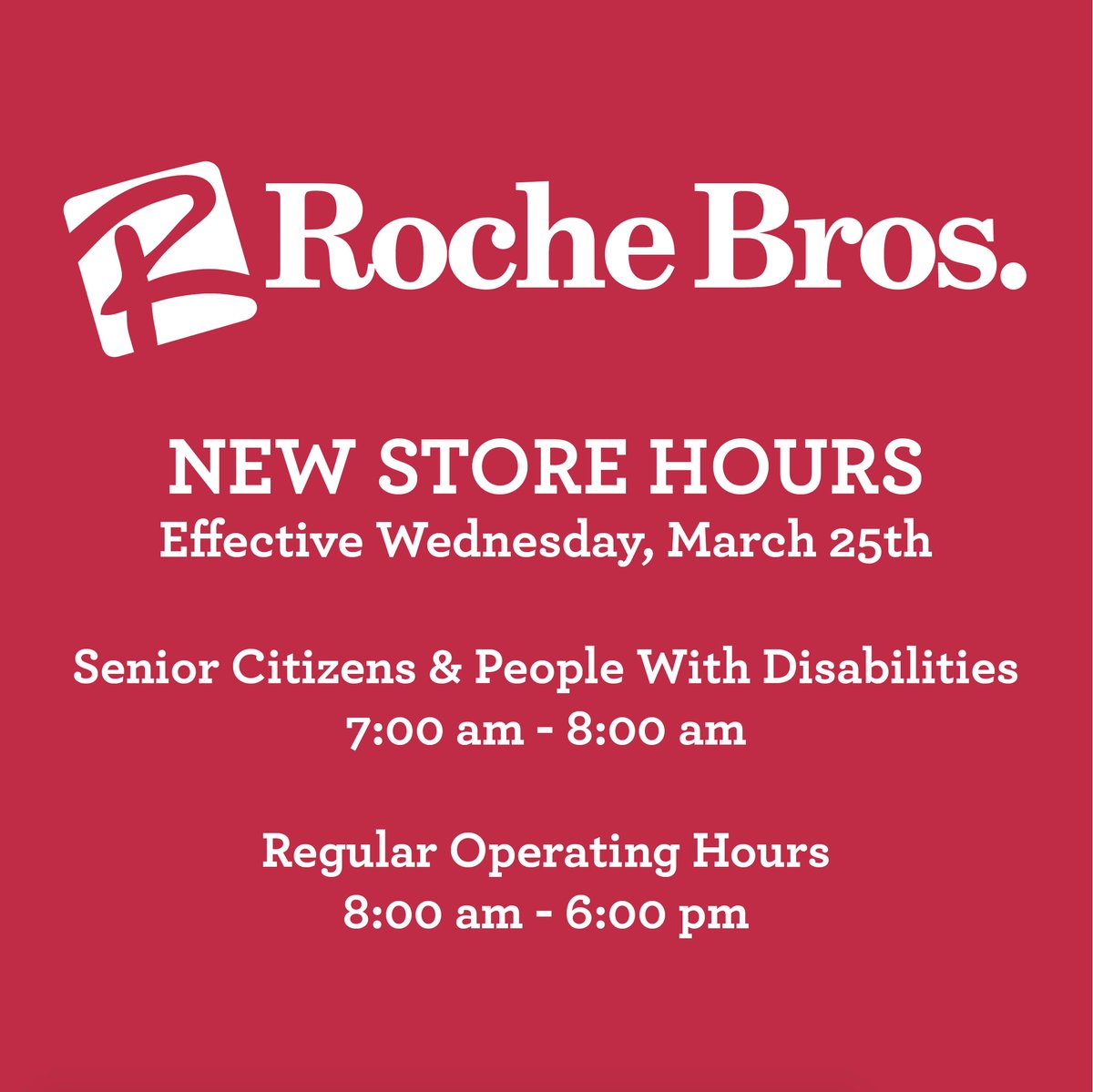 Please note that our operating hours will change beginning Wednesday, March 25th. Our hour for senior citizens and people with disabilities will remain the same. #StoreHours #OperatingHours