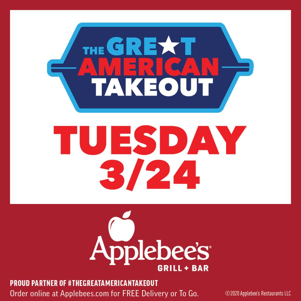 Applebees's tweet photo. Applebee’s has joined a coalition of restaurants by participating in #TheGreatAmericanTakeout on Tuesday, March 24. Join us by simply ordering your favorites for Applebee’s Delivery or To Go and tell all your friends. We will be open and ready to serve our neighborhoods. https://t.co/BPiJ1LMOXM