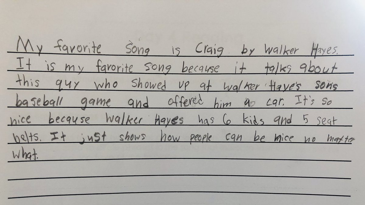 When the “homeschooling” writing assignment calls for my daughter to write about her favorite song. @walkerhayes #teachthemright