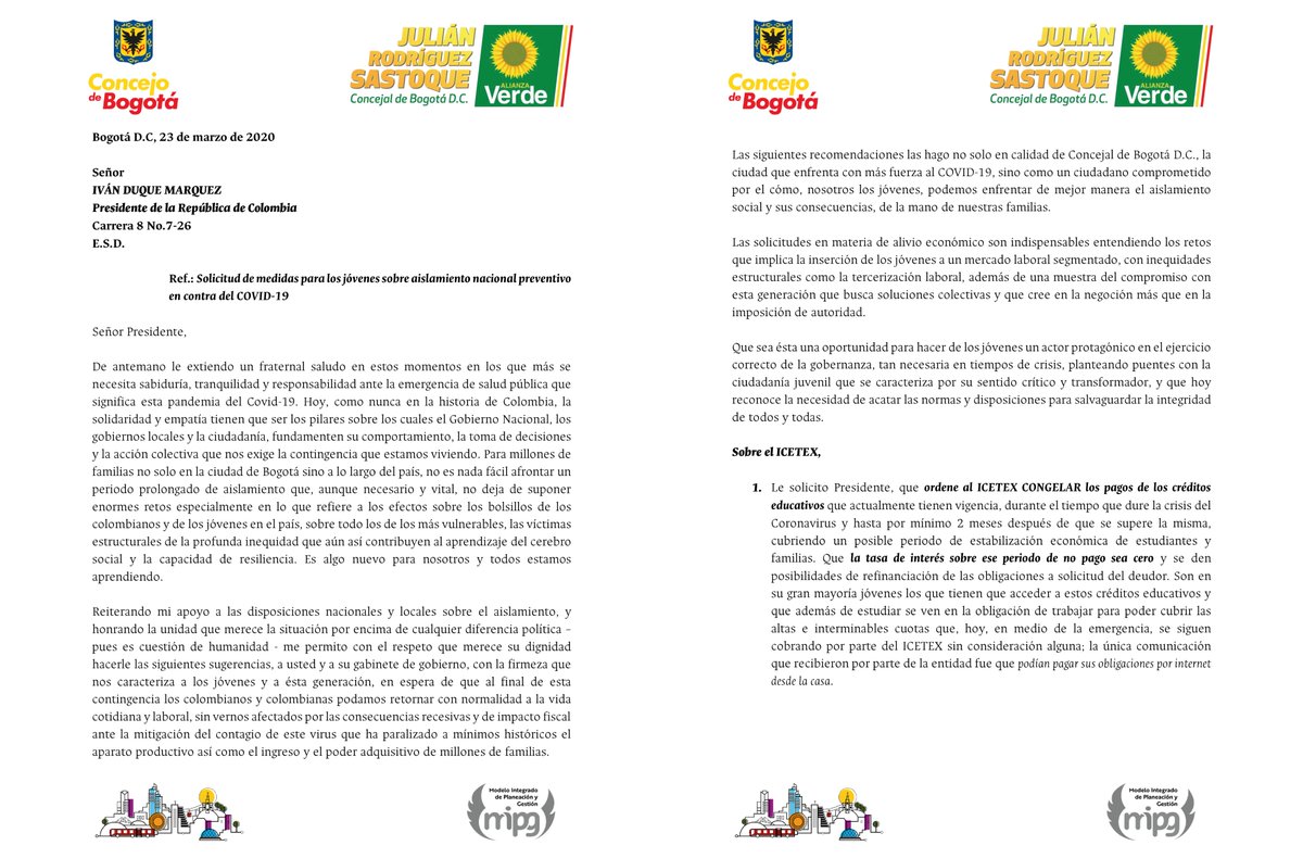 ElJuliSastoque's tweet photo. Envié esta carta al Presidente Duque con solicitudes en favor de los jóvenes durante el COVID-19:

- CONGELAR créditos ICETEX, tasa de interés 0
- 1 GIRO ADICIONAL de sostenimiento a SerPiloPaga y GeneraciónE
- Salud mental
-Generación de empleo y apoyo a MIPYMES
- Call Centers https://t.co/UiFzzXhHlq