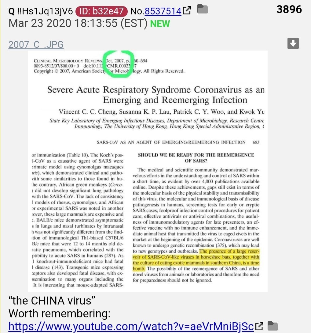 10.  #QAnon reminds us tonight that it was published >12 years ago that there is a "large reservoir of SARS-CoV-like viruses" in bats, known to "undergo genetic recombination", a waiting "time bomb." Over twelve years ago.  #Q  https://twitter.com/DocRock1007/status/1220635997937065984?s=20