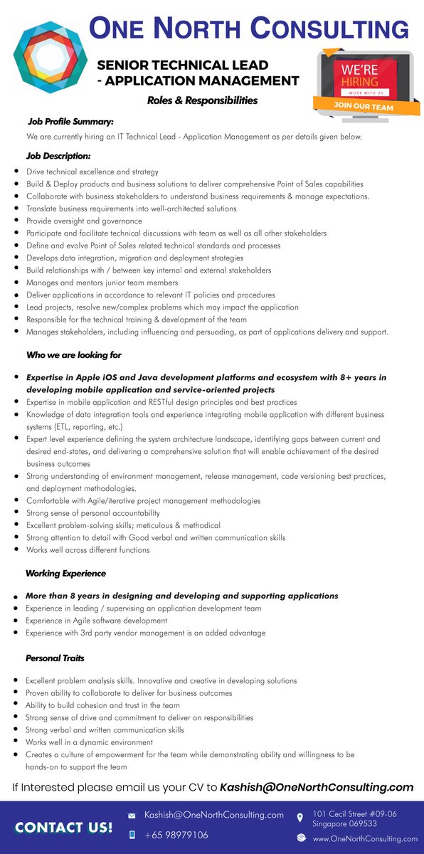 OneNorthSG's tweet image. If you’re interested in becoming a Senior Technical Lead and enjoy Building & Deploying products, we’d like to hear from you!
Send in your CV to Kashish@OneNorthConsulting.com and we'll call you for a discussion!
#TechLead #TechnicalLead #SoftwareManager #developmentmanager