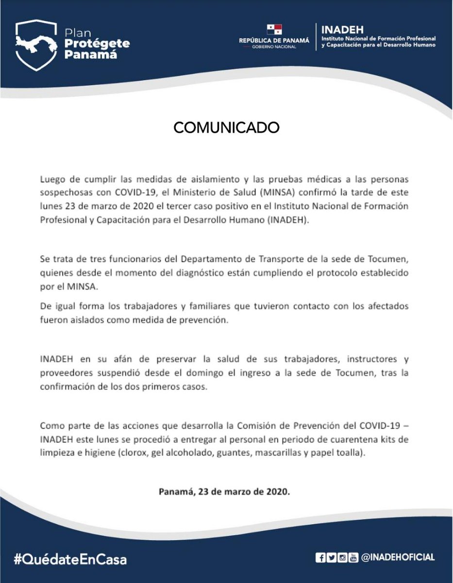 InadehOficial's tweet photo. Ministerio de Salud confirma tercer caso de COVID-19 en el INADEH. Funcionarios se encuentran cumpliendo los protocolos de aislamiento. #QuédateEnCasa #ProtégetePanamá #YoMeInformoPma https://t.co/8aRFVg5I9m