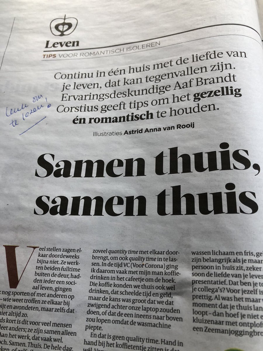 hettyvee's tweet photo. Leuk artikel van #AafBrandtCorstius in #deVolkskrant over het gezellig en romantisch houden met je geliefde. https://t.co/c2Ph5GdLeI