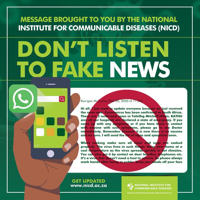 GovernmentZA's tweet photo. Government calls on everyone to remain calm and share only the facts about the virus to overcome the global challenge of misinformation in the public domain.  #COVID19 #CoronavirusInSA #FactsOverFear https://t.co/SffwGP5jvW