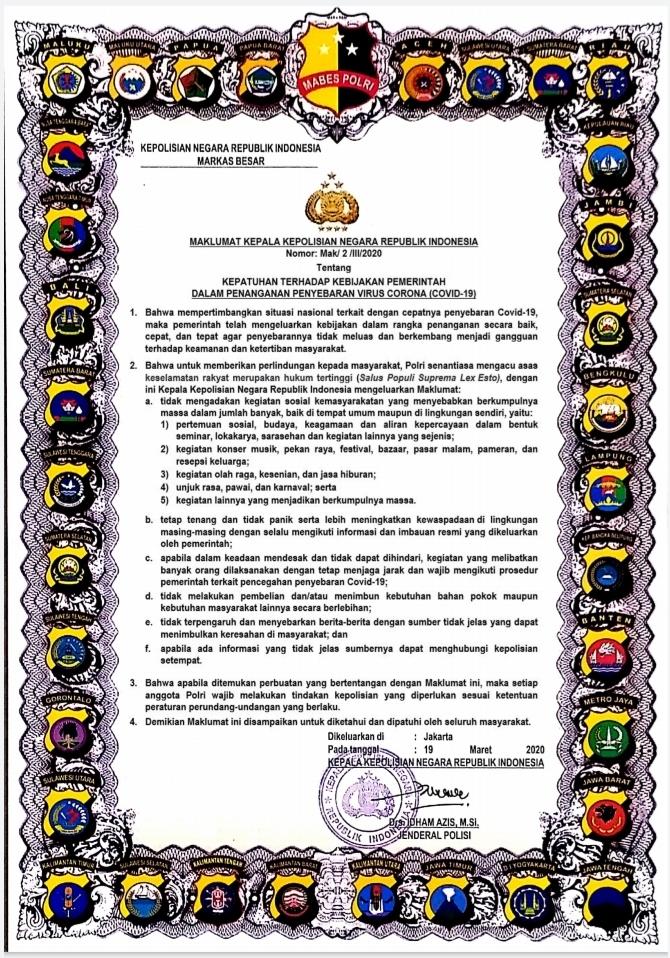 Keputusan penundaan Pilkades Sleman ini diambil dengan memperhatikan Maklumat Kapolri No. Mak/2/III/2020 tentang Kepatuhan terhadap Kebijakan Pemerintan Dalam Penanganan Penyebaran Virus Corona (COVID-19)

<a href="/PoldaJogja/">Polda D.I. Yogyakarta</a> @polresleman <a href="/DivHumas_Polri/">Humas Polri</a>