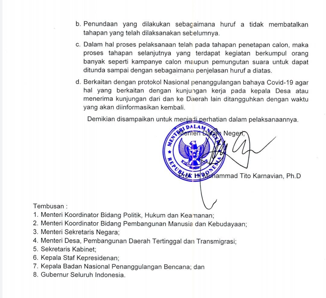 Selain itu, keputusan memperhatikan pula Surat Mendagri No. 141/2577/SJ tanggal 24 Maret 2020 tentang Penundaan Pelaksanaan Pemilihan Kepala Desa Serentak dan Pemilihan Kepala Desa Antar Waktu

<a href="/Kemendagri_RI/">KEMENDAGRI</a>