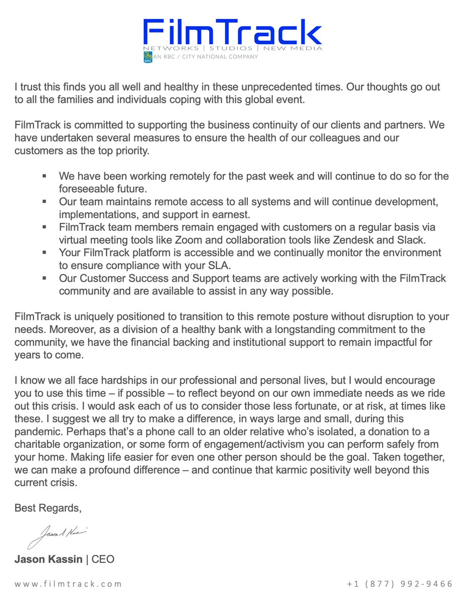 filmtrack's tweet photo. As we all adjust to our new sense of normal, we wanted to let you know we are here for you and to share with you a note from our CEO, @jkassin, regarding our COVID-19 efforts. 

#inthistogether #covid19 #workingremote #staysafe #stayhealthy #slowthespread https://t.co/ImYIVYxHWc