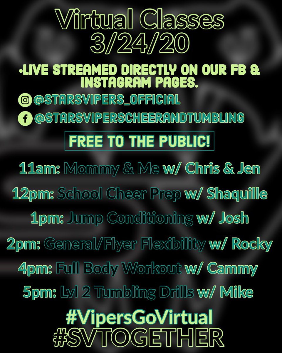 Stars_Vipers's tweet photo. Live schedule for Tuesday, March 24th! It’s our fearless owner Rebecca Rios’ birthday so join us in celebrating her all day long!!
•
•
Continue to reach out for support during this crazy time, we are here for you!! Much love!! 💙
#Vipersgovirtual #svtogether https://t.co/T6ERfy1npd