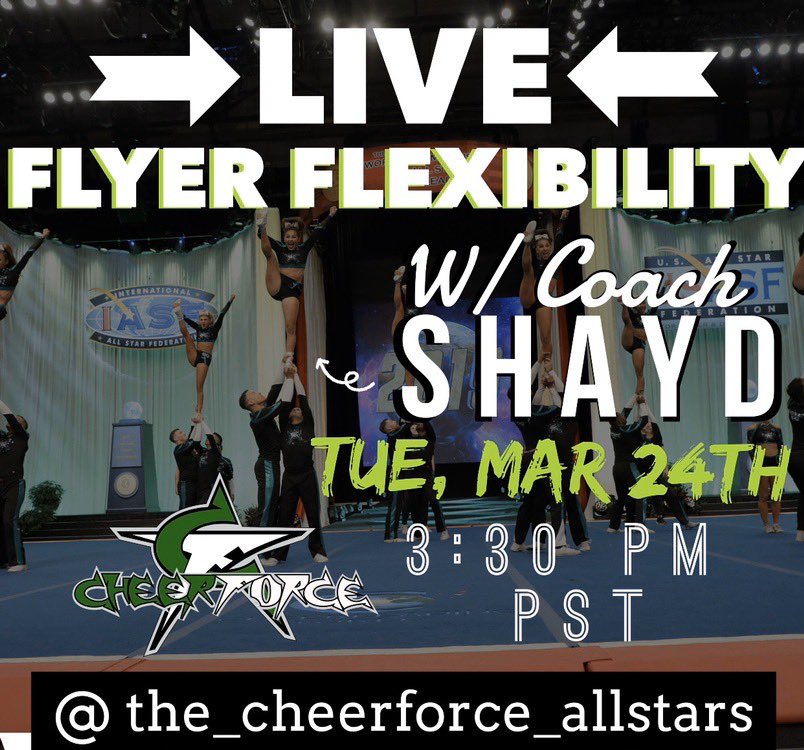 CheerForceSimi's tweet image. Join us LIVE on Tuesday with World Champion SHAYD and let’s get flexible!  #onenationundergreen 

@CheerforceSD @CheerForceOC @CheerForceSimi @CF_Fresno