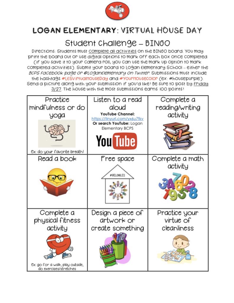 Are you working on the HOUSE DAY STUDENT CHALLENGE BINGO BOARD? It due by end of week. Pass the word. What HOUSE will most participating? Points up for grabs!  <a href="/LoganElementary/">Logan_ES_BCPS</a> <a href="/LoganPTA/">Logan Elementary PTA</a> <a href="/LoganLibrary1/">Logan Library</a> <a href="/JBender_BCPS/">Jill Bender</a> <a href="/MsBankett_BCPS/">Sophia Bankett</a> <a href="/flanzraich/">J</a> <a href="/MissMullin/">Miss Mullin</a> <a href="/ksandlin06/">Kandis Shinaberry</a> <a href="/HGiever/">Ms. Giever</a>