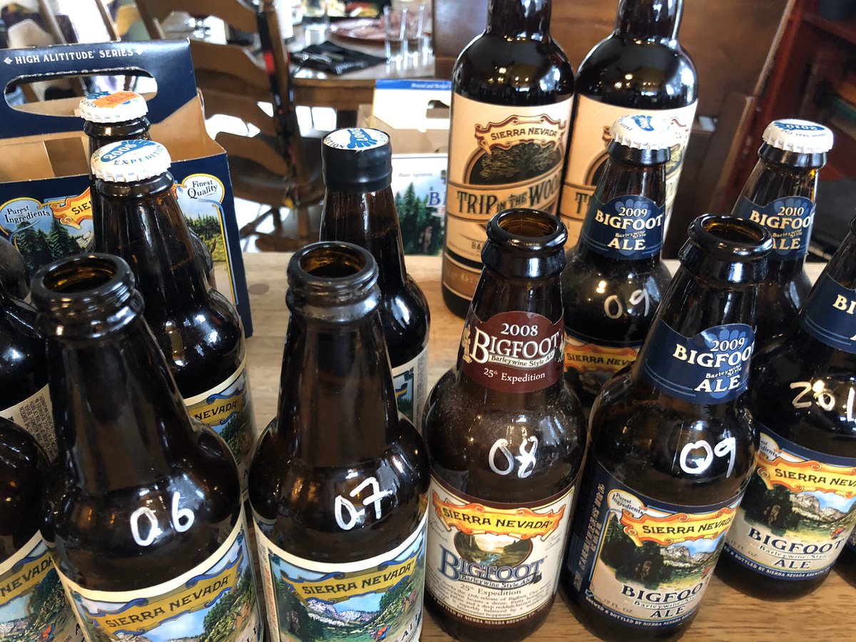 mikedashg's tweet photo. @SierraNevada how’d we do? A little 23 yr Bigfoot vertical I put together. Plus 3 different BA versions and trip in the woods. All were fantastic! Amazing still had hop character after 18+ years. It’s my go to beer and perfect for prepping. It never goes bad! https://t.co/4dXbfsnHIr