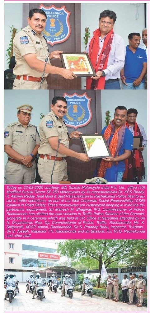 MalkajgiriCop's tweet photo. #Suzuki_Motors_Limited donated 10 motorcycles to #Rachakonda_Traffic_Police as a part of #CSR_Activities. Mr. Ashwin of Suzuki, Dr KCS Reddy ex NPA Incharge of horse riding, #CP_Mahesh_Bhagwat, DCP Traffic attended & Suzuki office bearers.
@TelanganaDGP @TelanganaCOPs https://t.co/cuzGqMHkv9