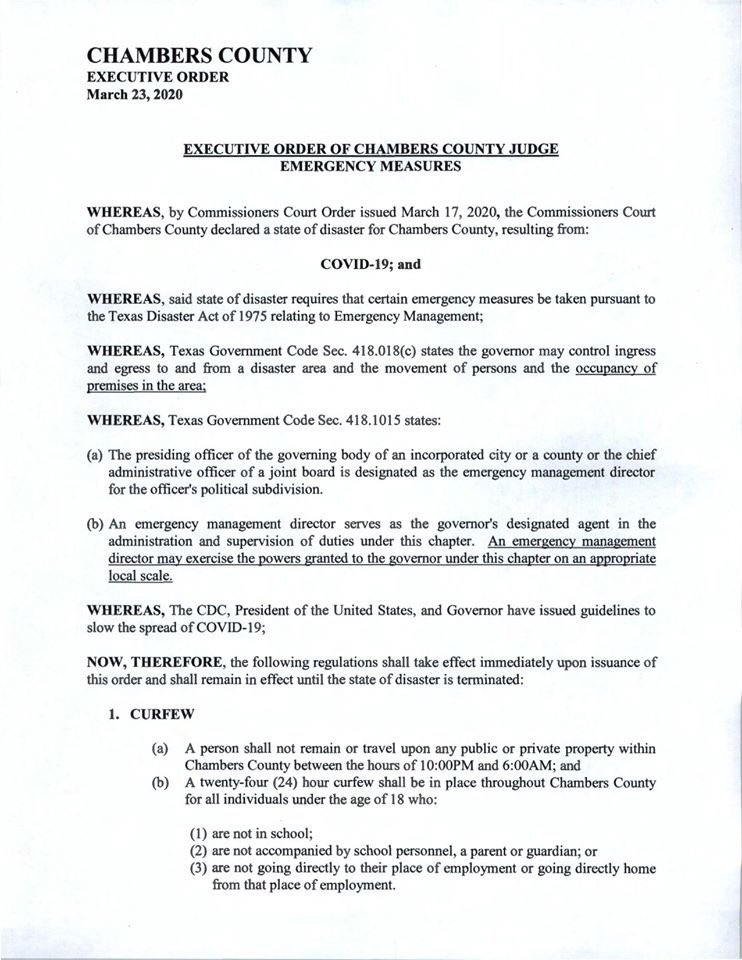 CityofBaytown's tweet photo. FYI- Chambers County Executive Order,Curfew, effective beginning 12:01 AM on 3/24/20. https://t.co/G3P8pING3K