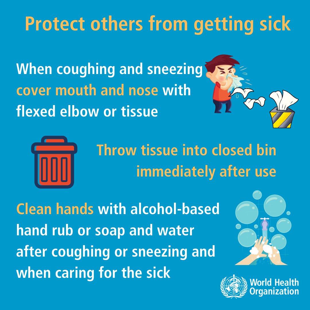 Be safe from #COVID19: 1. Frequently clean hands using alcohol-based rub or soap & water 2. When coughing & sneezing cover 👄 & 👃🏻 with flexed elbow or tissue; throw tissue away & wash hands 3. Avoid touching 👀, 👃 & 👄 Share: wrld.bg/4jcb50yT8e7 @WHO