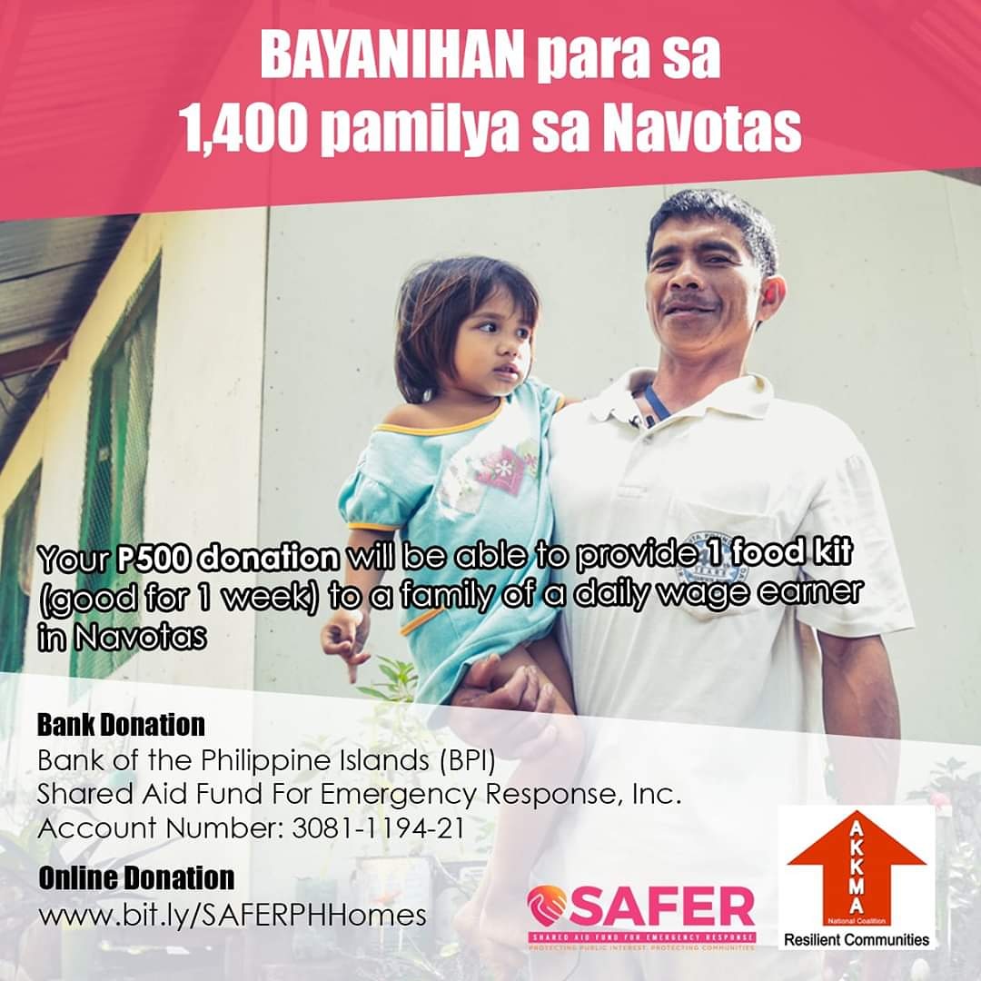 saferpinas's tweet photo. Your donation will be able to provide 1 food kit to a family of a daily wage earner in Navotas. Visit https://t.co/GhEUtxiil2 
#nCoV2019 #SAFERPhilippines #fundraising #AllInThisTogether https://t.co/4bfU7ewpWa