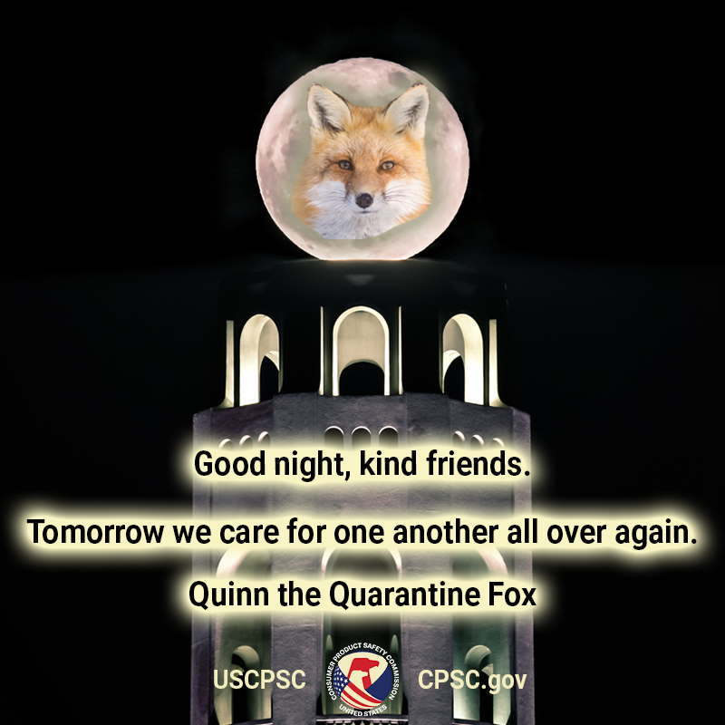 A fox in the moon over a tower. The text reads: good night, kind friends. tomorrow we care for one another all over again. quinn the quarantine fox.
