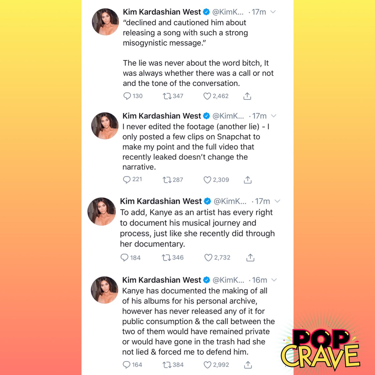 PopCrave's tweet photo. .@KimKardashian slams Taylor Swift after she spoke out about her leaked phone call with Kanye:

“I feel I’m left without a choice but to respond because she is actually lying.” https://t.co/5H1G1A38QY