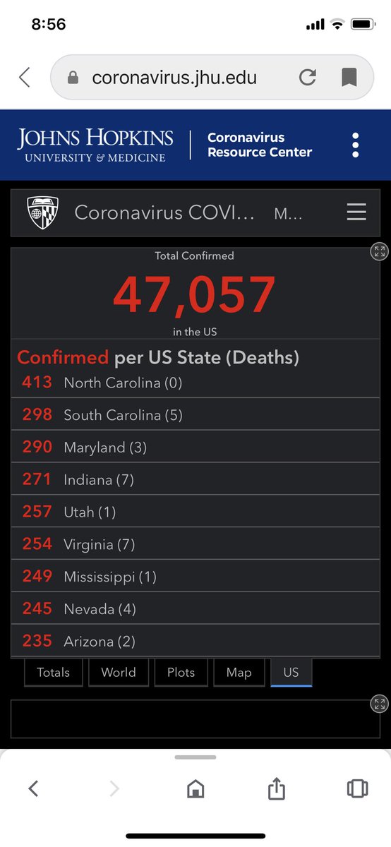 This thread tracks U.S. cases of  #COVID19 with data from  @JohnsHopkins starting today.3/23/20 Top 36 states. See the link for all states.  https://coronavirus.jhu.edu/map.html 