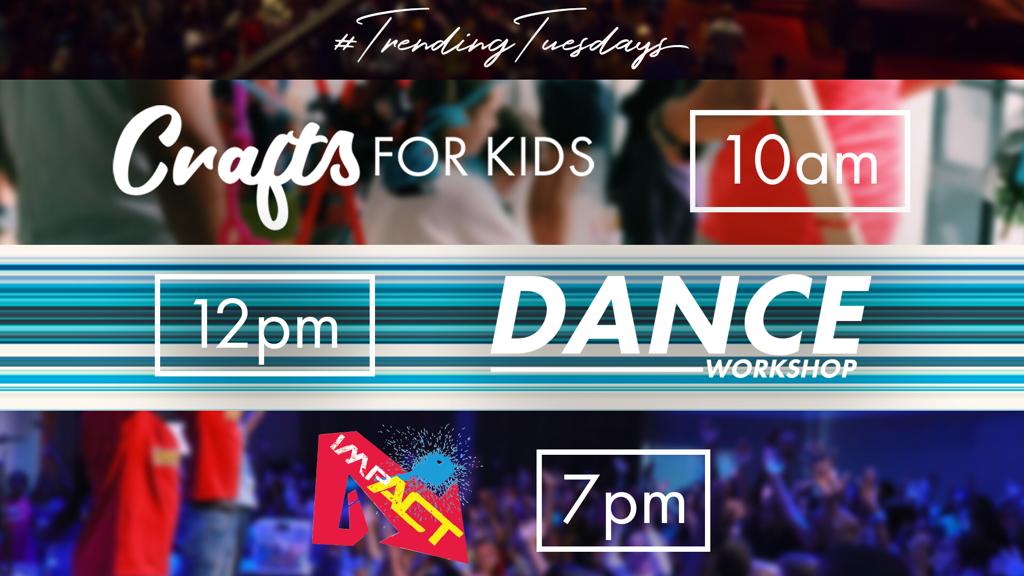 #TrendingTuesdays with ACTS@HOME

Tuesday Line up:
- Catch our 'CRAFTS FOR KIDS' @ 10AM
- 'DANCE WORKSHOP' @ 12PM 
- IpmACT @ 7PM

FUN for the whole family!!!
