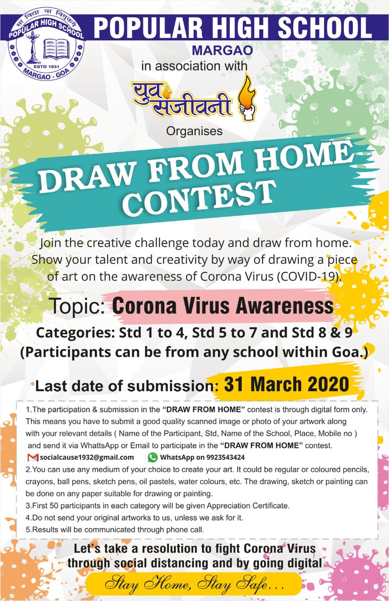 chyren9's tweet photo. PopularHighSchool with Yuv-Sanjivani organises a unique contest DRAW FROM HOME
Making an effort of creating awareness abt practising SOCIAL DISTANCING & making constructive use of our kids time. Let us break the chain of CoronaVirus @narendramodi @goacm @PMOIndia
#DrawFromHome https://t.co/7dMDDgMaCp