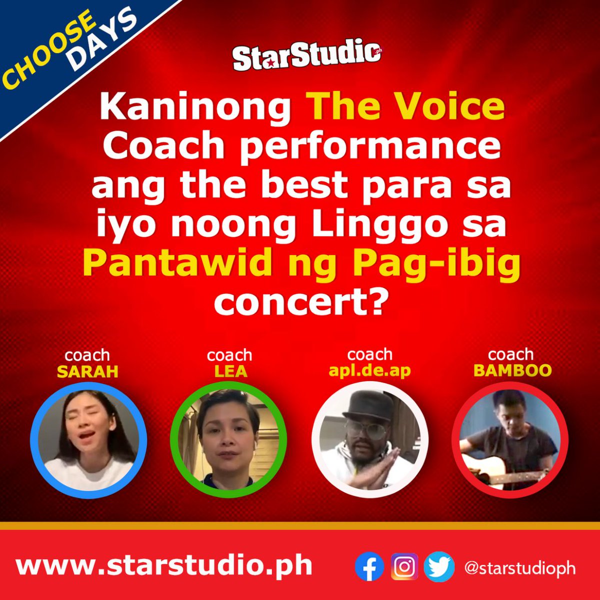 StarStudioPH's tweet photo. TEAM BAHAY! Kaninong The Voice Coach performance ang the best para sa iyo sa Pantawid Ng Pag-ibig concert noong Linggo? #CoachSarah #CoachLea #CoachApl #CoachBamboo #TheVoicePH https://t.co/2MmEOX97NT
