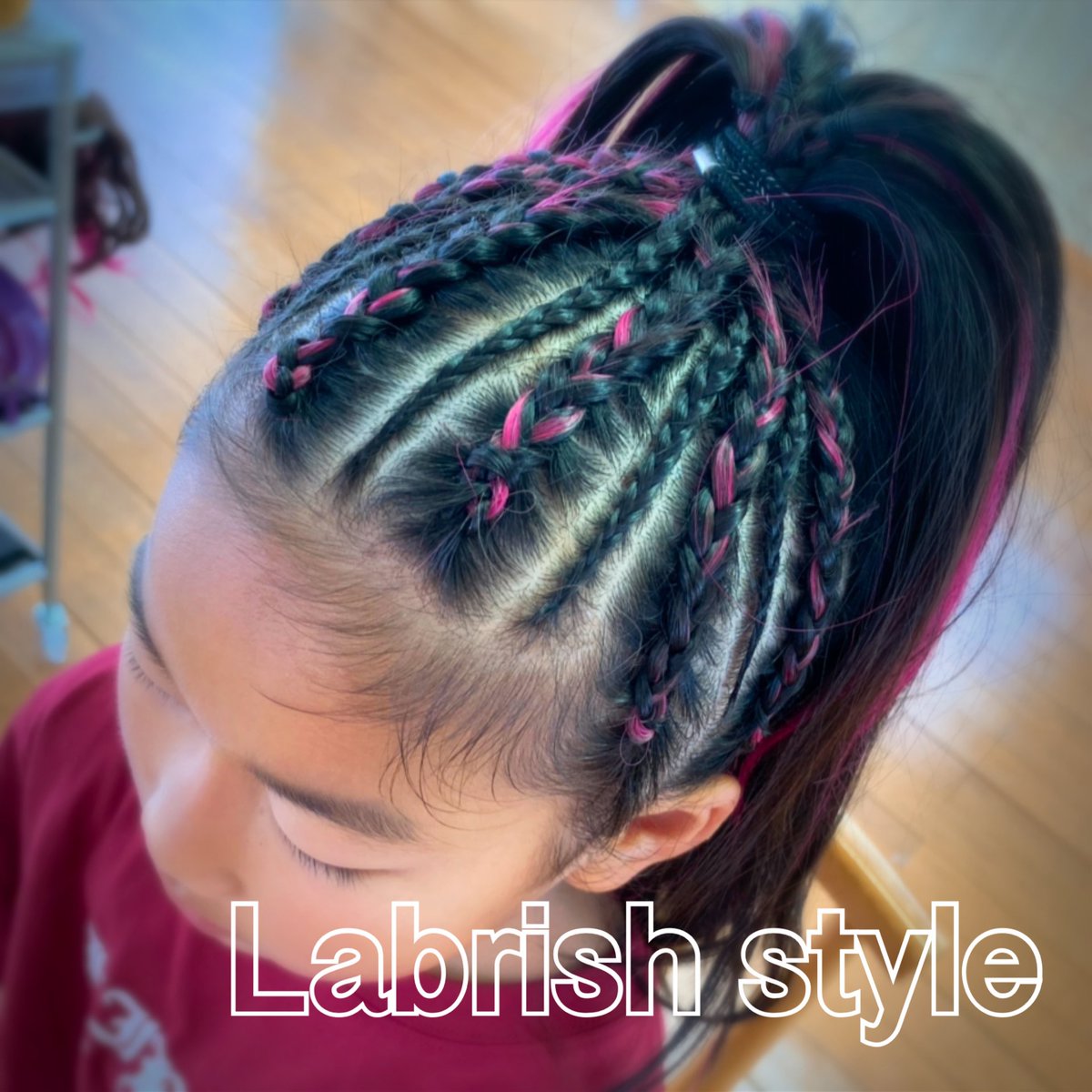 Labrish Style キッズコーンロウ Hair Blackhair Cornrow Braids Extension Dance Kids コーンロウ ハーフコーンロウ ハートコーンロウ ブレイズ フルブレイズ ショートブレイズ エクステ ヘアスタイル ヘアアレンジ 特殊ヘア 派手髪