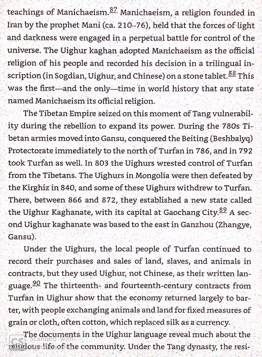 An Lushan was half Sogdian half Turk who rebelled against Tang in 755. Tang hired Uyghur mercenaries to recover western regions for them. Uyghurs & Tibetans warred over the region for decades, with Uyghurs keeping Turfan.