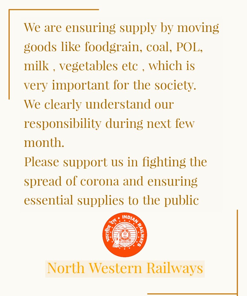 NWRailways's tweet photo. In order to ensure essential supplies,  #Railways is #working 24X7. Though All passenger carrying trains have been stopped but goods trains are still running. https://t.co/7boIbgXoe3