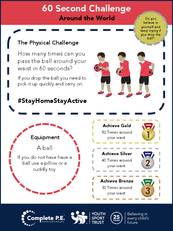 Today's activity is a 60 second challenge called Around The World. How many times can you pass the ball around your waist in 60 seconds? #StayInWorkOut #StayHomeStayActive <a href="/Complete_PE/">Complete P.E.</a>  bit.ly/YSTshsa
