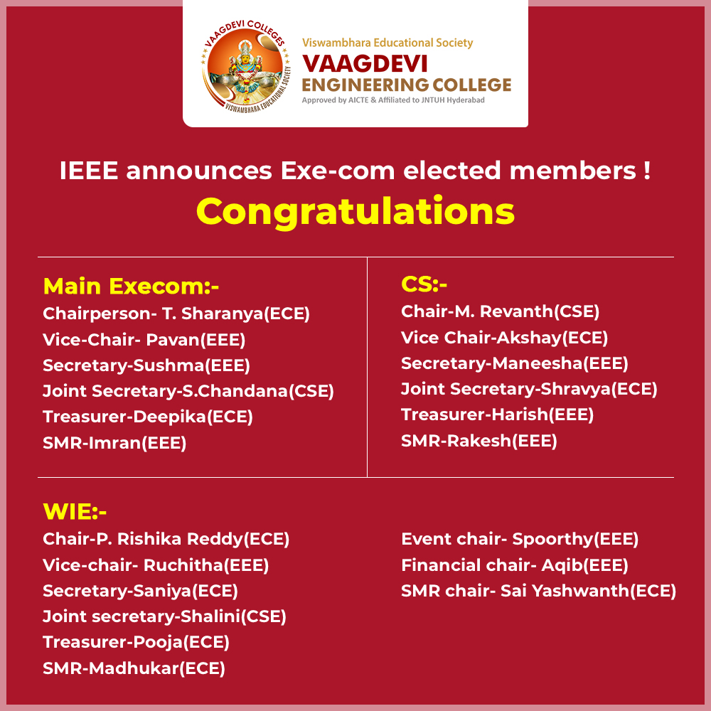 VECWarangal's tweet photo. IEEE VEC SB with IEEE CS VEC SBC hereby proudly announces Exe-com members of Student Branch, Computer Society and Women in Engineering. Congratulations team
https://t.co/i12CYAuLC2
#IEEE #VECSB #VEC #EXEComMembers #ComputerSociety #VECWarangal #BestEngineeringCollegeinWarangal https://t.co/FI5k4juAOZ