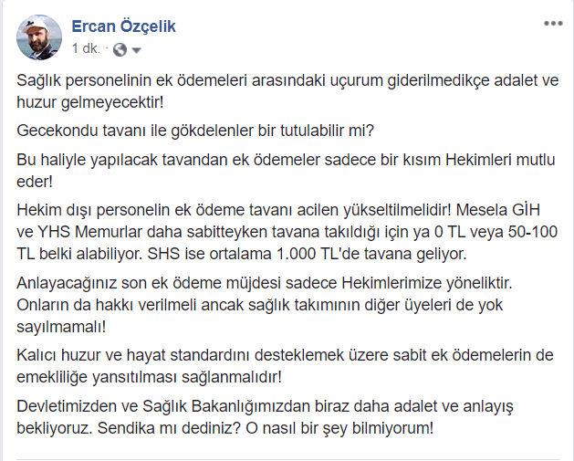 Sayın Bakanımız <a href="/drfahrettinkoca/">Dr. Fahrettin Koca</a> dan sağlık teşkilatındaki ek ödeme tavan uçurumuna adil bir düzenleme getirmesini bekliyoruz. Yoksa verdiği güzel müjdeler sadece hekimlerle sınırlı kalacak!

<a href="/tcbestepe/">T.C. Cumhurbaşkanlığı</a> <a href="/saglikbakanligi/">T.C. Sağlık Bakanlığı</a> <a href="/suayipbirinci/">Doç. Dr. Şuayıp Birinci</a> <a href="/HMBakanligi/">T.C. Hazine ve Maliye Bakanlığı</a> <a href="/sagliksen/">SAĞLIK-SEN</a> <a href="/MemurSenKonf/">Memur-Sen</a>