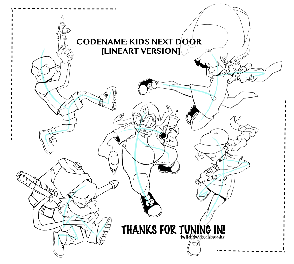 Thank you to everyone who caught the stream today! 
Today I completed the Codename: Kids Next Dore sketches and gave them weapons! 

Thanks for being patient with me and my slow ass drawing - I'll find a way to make it more entertaining in the future. 