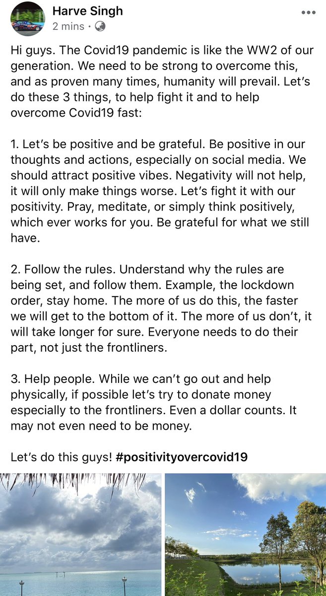 Harve Singh (@harvesingh) on Twitter photo COVID19: Let’s be positive and be grateful. Be positive in our thoughts and actions, especially on social media. We should attract positive vibes. Negativity will not help, it will only make things worse. Be grateful for what we still have. #positivityovercovid19 #covid19 COVID19: Let’s be positive and be grateful. Be positive in our thoughts and actions, especially on social media. We should attract positive vibes. Negativity will not help, it will only make things worse. Be grateful for what we still have. #positivityovercovid19 #covid19