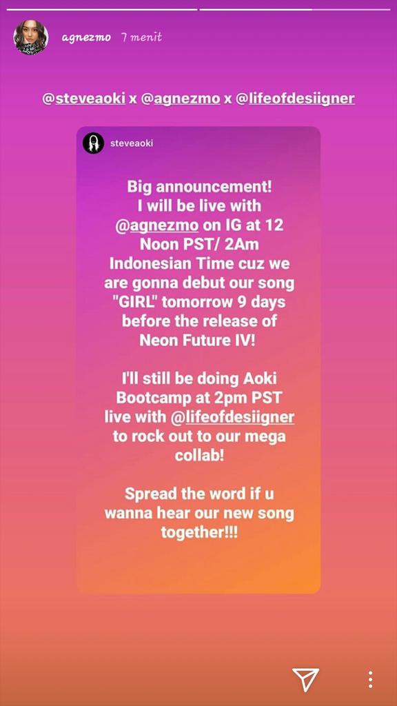 AGNEZMOAG's tweet photo. 🚨  NEWS UPDATE 🚨
@SteveAoki &amp; @AGNEZMO will debut their collab single, “GIRL”, tomorrow at 12 noon PST / 2 AM (Indonesian time) on their instagram live. This song will be included in Steve Aoki’s upcoming album, “Neon Future IV”. 🔥

#AGNATION #BestFanArmy #iHeartAwards https://t.co/n6FlJAI4Fw