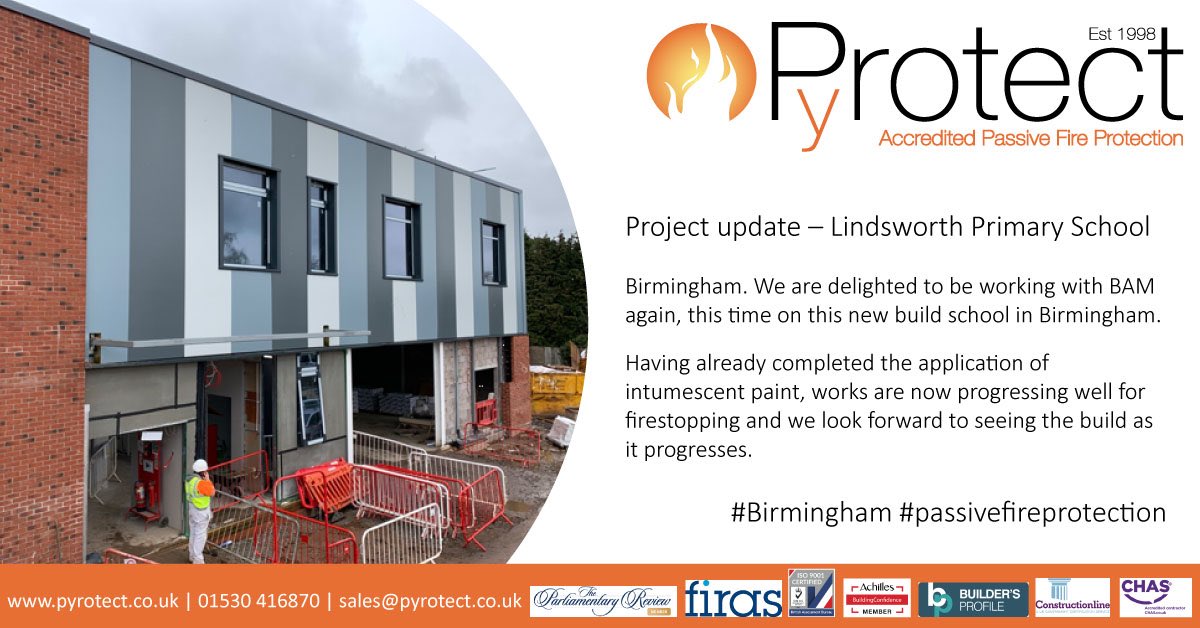 Project update – Lindsworth Primary School, Birmingham. We are delighted to be working with BAM again, this time on this new build school in Birmingham. 

Having already completed the application of intumescent paint, works are now progressing well for firestopping.