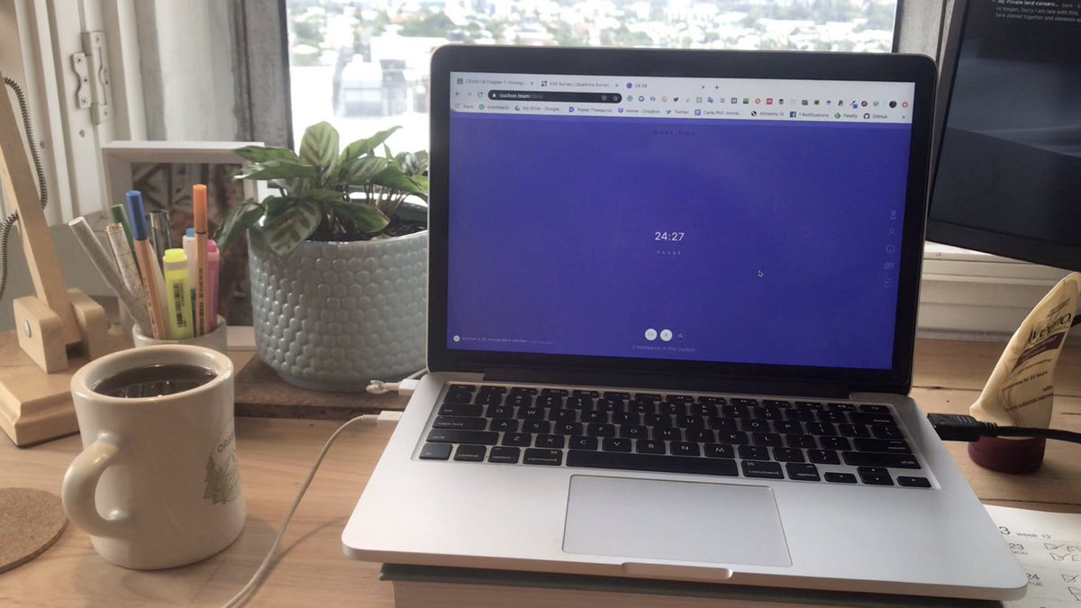 Testing out the <a href="/cuckooteam/">Cuckoo</a> app to run virtual shut-up-and-write sessions. We ended up using <a href="/SlackHQ/">Slack</a> in parallel so we could talk during the break, overall it worked pretty well👩🏻‍💻