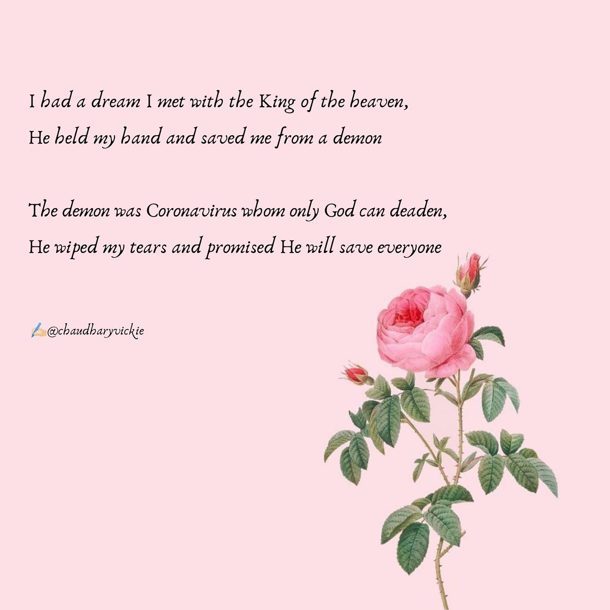 whovickie's tweet photo. The God will save everyone
Stay home stay safe
#StayAtHomeSaveLives
#innersoulthoughts
#CoronavirusOutbreak
#QuarantineAndChill
@SrBachchan @chintskap @Its_Badshah @raftaarmusic @MileyCyrus @iHrithik @BeingSalmanKhan @akshaykumar @katyperry https://t.co/RYeT0WjIHs