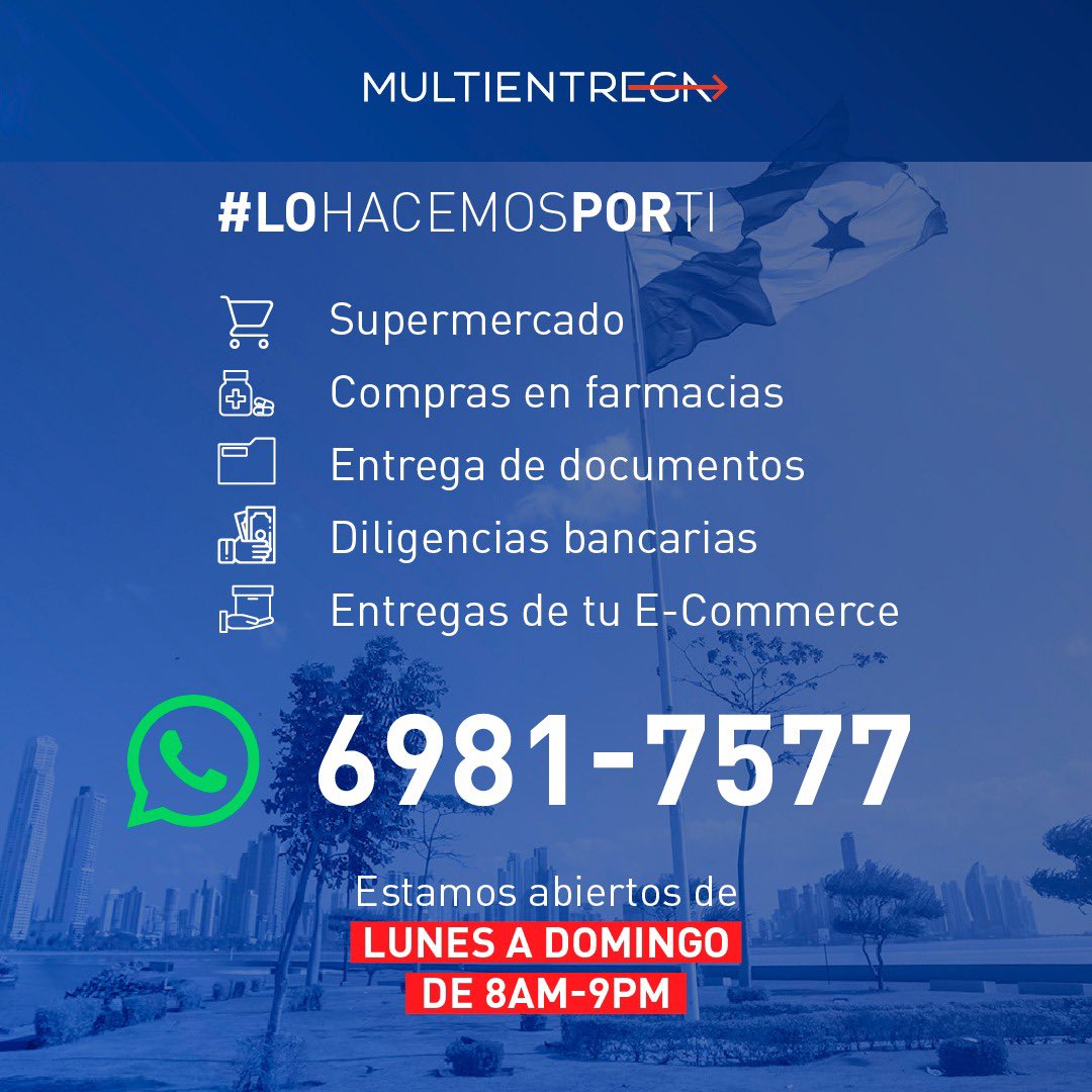 Multientrega's tweet photo. ¡Ciudad de Panamá, La Chorrera, David o donde estés! #LoHacemosPorTi 🇵🇦
Escríbenos al 6981-7577 para solicitar tu servicio.
Horario: L-D 8:00 a.m. - 9:00 p.m.
#Multientrega #Panamá #Envíos #Mensajería #Delivery https://t.co/XkaCOasz7a