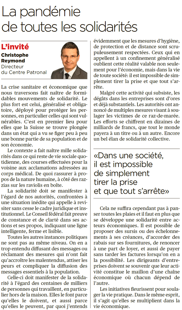 "Les initiatives fleurissent pour soulager la vie pratique. Dans le même esprit, il s’agit qu’elles se multiplient dans la
vie économique". <a href="/chreymond/">Christophe Reymond</a>, directeur général du Centre Patronal #RubriqueInvité <a href="/24heuresch/">24 heures</a> #économie #pme #entreprise #Coronavirus #COVID19 #SARSCOV2