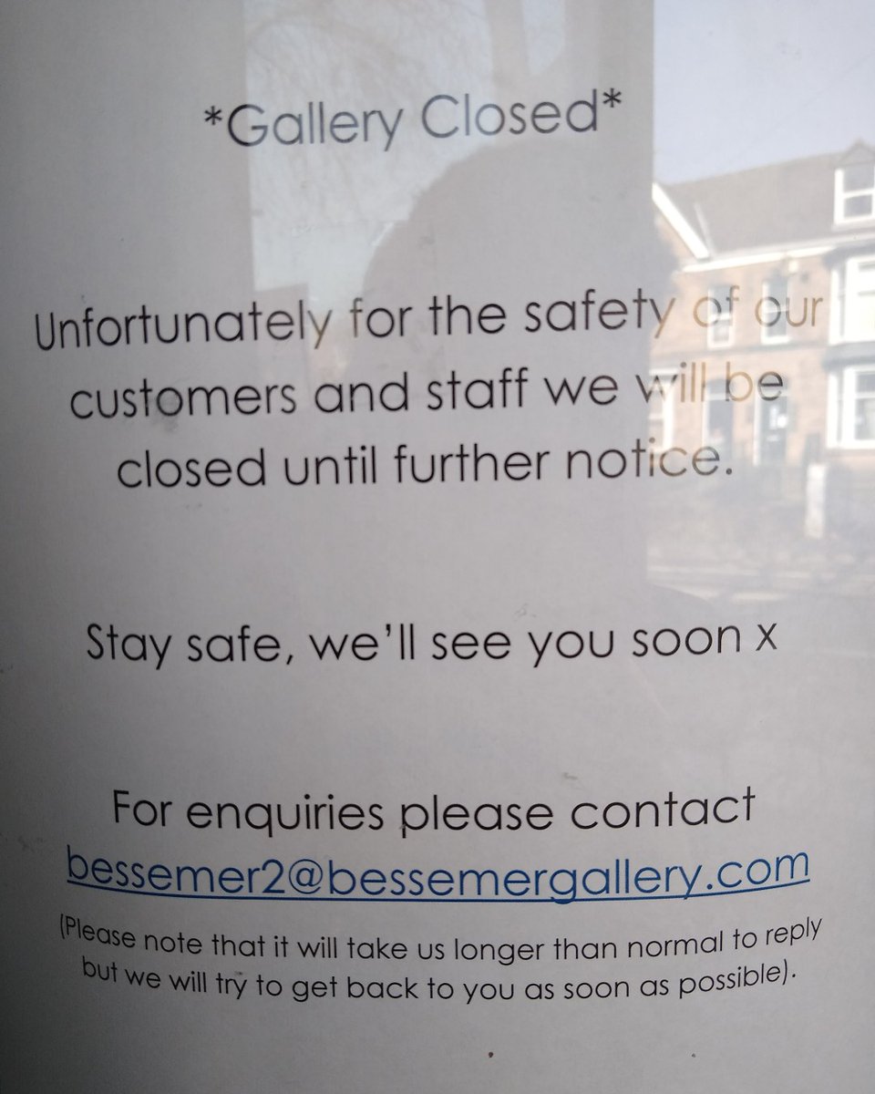 TheBessemerII's tweet photo. *Shop Update* The Bessemer II is now closed until further notice. We will open again when we are advised that is safe to do so. 
Artists -  Please be assured that all work is safely locked away. For enquiries please email bessemer2@bessemergallery.com Stay safe, see you soon x https://t.co/EKKTD9vZ0o