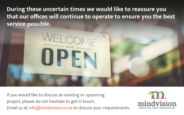 MindvisionUK's tweet photo. Dear All,

The Mindvision team remains fully committed to your projects, whatever your schedules may be. We still can be reached as normal by telephone or by email at info@mindvision.co.uk

 #web #print #corporategifts #events #Marketing #creative #agency #fullservice #Wiltshire https://t.co/n55skshDYw