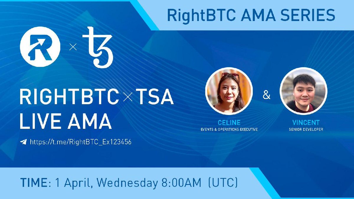 📢 Hi guys! We'll be hosting a #TezosAMA with <a href="/Rightbtc_/">RightBTC Exchange</a> on 1st April, 8 am UTC on their telegram channel: bit.ly/2WQbc7F 

Drop any questions you have on Tezos here: bit.ly/2WLA6F4

We look forward to answering them! 😁