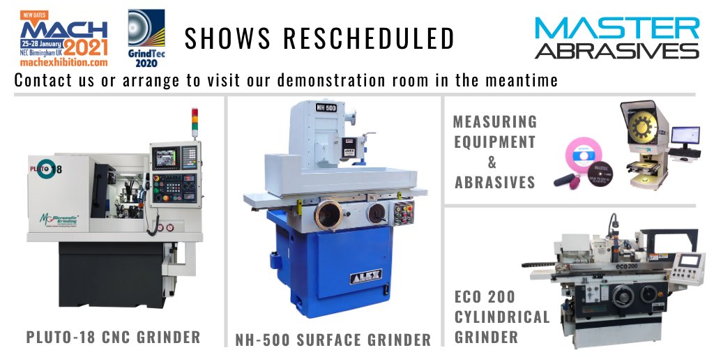 MasterAbrasive's tweet photo. This year's #GrindTec and #MACH shows have been rescheduled. In the meantime, you're welcome to contact or visit us to see our #machines and products at our demo room! #GrindTec2020 #abrasives #grindingwheels #metalworking #MACH2021 #machinery #machinetools https://t.co/f60hd3jRNP